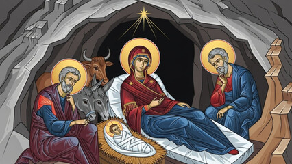 Nativity scene illustration of mary, joseph, and baby jesus in a manger surrounded by animals in a cave