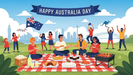 Group of people celebrating australia day with picnic and australian flag in a park with city skyline background