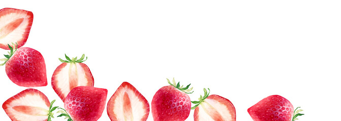 いちご　果物　背景 フレーム 横長　水彩 イラスト