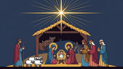 Nativity scene with mary joseph baby jesus and three wise men under starlight illustration