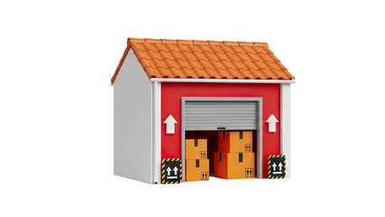 3D cartoon warehouse with boxes and loading bay on transparent background