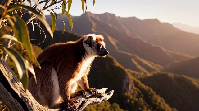 Lemur Perched on Branch with Mountainous Backdrop at Sunrise, Stunning Wildlife Scene