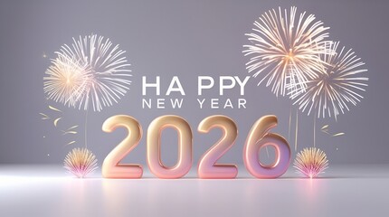 Minimal Happy New Year 2026 design, clean typography, soft gradients, simple fireworks accents