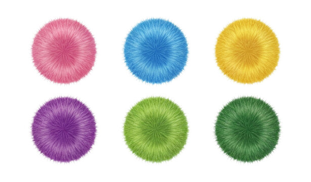 Colorful fur pompons vector set with fluffy wool balls in realistic 3D style isolated on white background