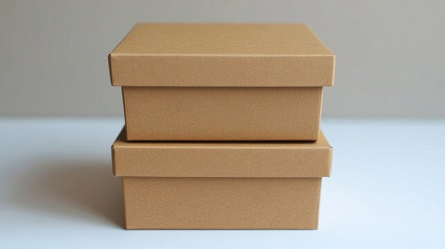 Two cardboard boxes stacked on a white surface, with gray background. This is used for packaging, presents, and shipping containers for small items.