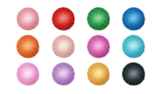 Fluffy wool pom poms vector illustration set with realistic furry texture isolated on white background