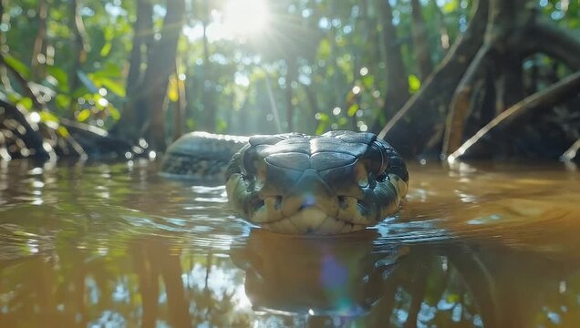 A Majestic Anaconda: Witnessing Nature's Wonder in a Tranquil Swamp Environment with Lush Trees