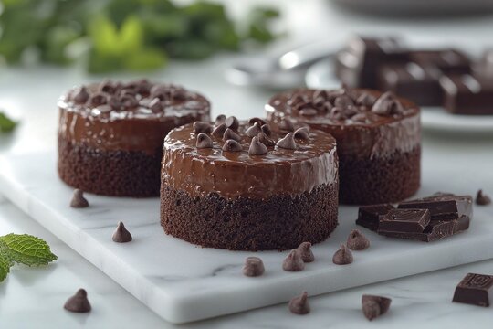 Three chocolate cakes rest on a marble slab with extra chocolate. Use this image for dessert recipes, menus, or catering advertisements.