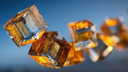 Floating Amber Cubes Against Blue Gradient Background with Light Reflections