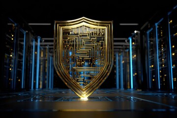 Golden Shield with Circuit Board Design Displayed in Dark Server Room Under Blue Lighting for Data Security and Information Protection