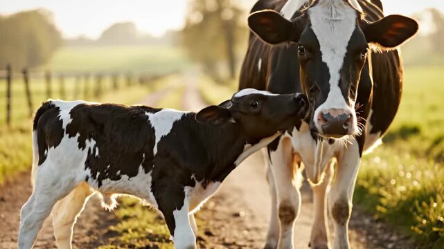 Charming Dairy Cow and Calf: A Peaceful and Serene Moment in the Countryside