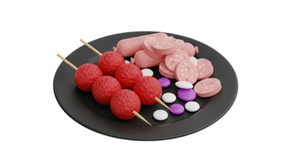 3D Meatballs and Sausages on Black Plate on transparent background