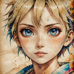 Anime style portrait illustration of young girl with blue eyes