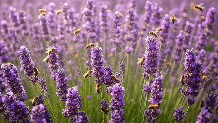Obraz premium Bees Pollinating Vibrant Lavender Flowers in a Sunny Field