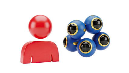 3D Red User Icon Beside Cluster of Blue 360 Cameras on transparent background