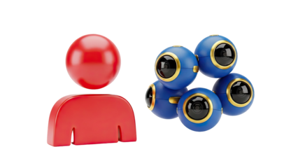 3D Red User Icon Beside Cluster of Blue 360 Cameras on transparent background
