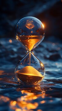 Ephemeral Reflections: Hourglass in Tranquil Waters Reflecting the Fleeting Time