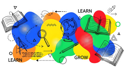 Colorful abstract illustration of learning and growth concepts with icons and text on a white background isolated on white background
