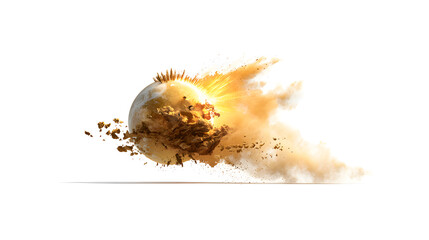 Fototapeta premium a massive sphere erupting in a fiery explosion, with debris and dust billowing outwards. The image captures the moment of impact and destruction
