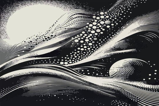 Monochrome vector illustration of a stippled texture with scattered halftone dots, flowing gradient grain background, abstract patterns, and subtle grunge noise. .