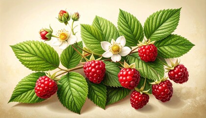 Redberry Plant Botanical Illustration with Flowers, Leaves, and Ripe Berries &ndash; Detailed Scientific Botanical Art on Cream Background