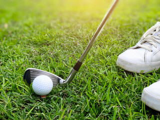 Golf clubs and golf balls on a green lawn in a beautiful golf course