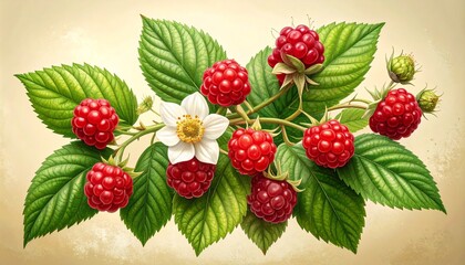 Redberry Plant Botanical Illustration with Flowers, Leaves, and Ripe Berries &ndash; Detailed Scientific Botanical Art on Cream Background