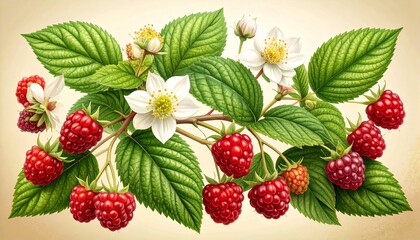 Redberry Plant Botanical Illustration with Flowers, Leaves, and Ripe Berries &ndash; Detailed Scientific Botanical Art on Cream Background