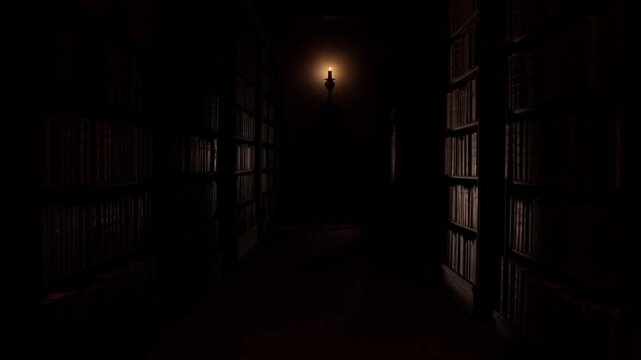 Long dark library corridor where a solitary wall sconce candle flickers irregularly at the far end against dark foreground, eerie and unsettling mysterious atmosphere