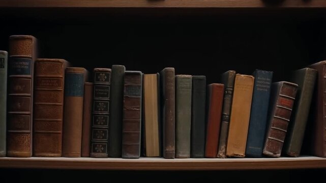 Specific library shelf where one book slowly protrudes outwards by an inch as if pushed from behind with falling dust, subtle supernatural mystery atmosphere