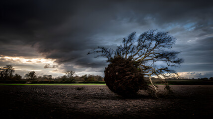 accuser. A large uprooted tree with exposed roots after a storm, dramatic natural scene. ESG reports, sustainability campaigns, designed for environmental awareness campaigns, used by professors.