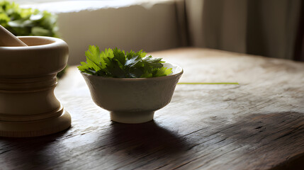 lovage. Chopped fresh lovage in ceramic bowl beside wooden mortar, culinary still life with natural lighting. menu design.