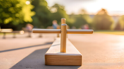 fulcrum. Wooden seesaw in a peaceful park at golden hour, showing perfect equilibrium. event key visuals, club posters, designed for sports event promotions and stadium branding.