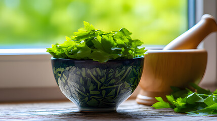 lovage. Chopped fresh lovage in ceramic bowl beside wooden mortar, culinary still life with natural lighting. menu design.