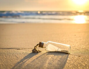 Message in a bottle on a sandy beach during sunset, casting long shadows