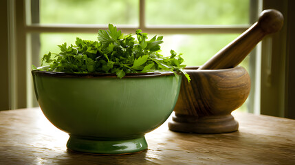 lovage. Chopped fresh lovage in ceramic bowl beside wooden mortar, culinary still life with natural lighting. menu design.