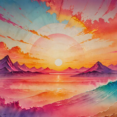 Vibrant watercolor sunset landscape with mountains and reflection