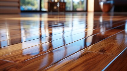Glossy wood flooring reflecting the outdoors