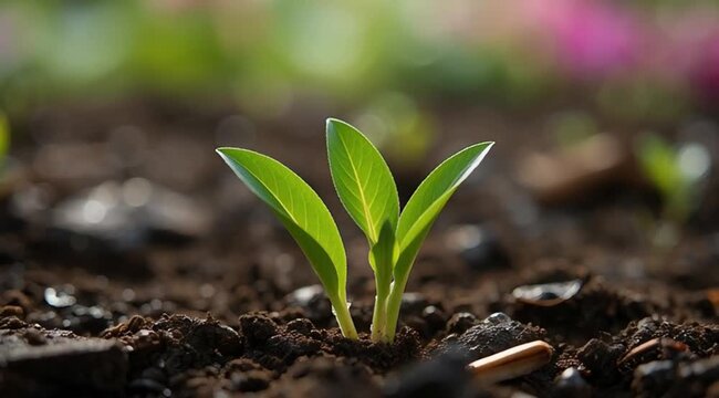 Close-up of fertile, damp soil with tiny, vibrant green shoots emerging, glistening with dew or gentle rain. Blurred background with hints of blooming flowers or a peaceful garden, symbolizing growth 