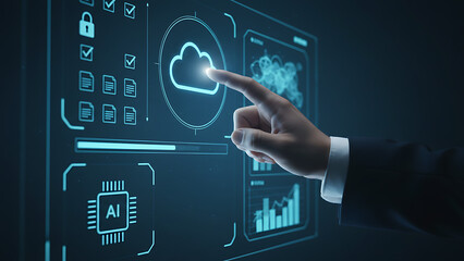 Hand interacting with holographic cloud computing interface on digital background showing cybersecurity and data synchronization concept. Digital Technology & Cybersecurity