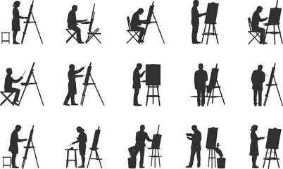 Collection of sixteen artist silhouettes painting at easels with diverse postures, creative drawing stances, artistic design illustration for stock