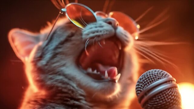 A cat on stage, wearing yellow sunglasses, sings into a microphone under warm, glowing lights. Live!