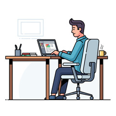 Obraz premium Young Man Working On Laptop At Modern Office Desk