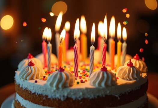 Delicious Birthday Cake Embellished with Colorful Candles Blown by Enthusiastic Aspirations