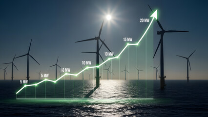 Wind turbines in the ocean with a rising graph overlay showing increasing energy production