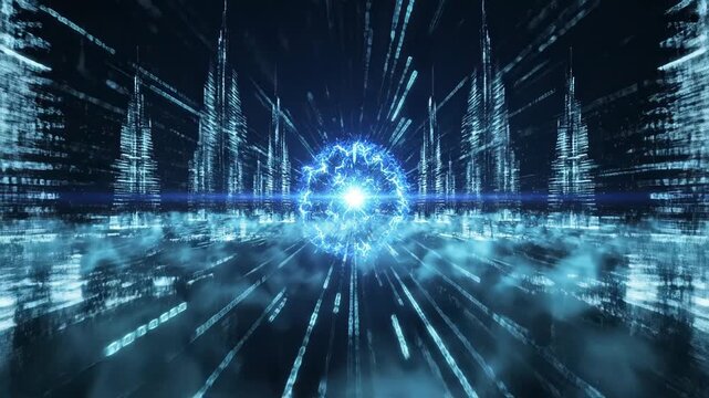 Futuristic digital tunnel with blue light beams and data streams moving fast