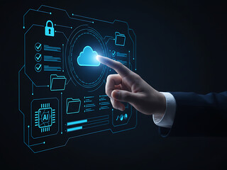 Hand interacting with holographic cloud computing interface on digital background showing cybersecurity and data synchronization concept. Digital Technology & Cybersecurity