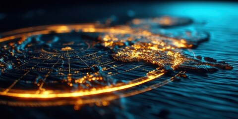 Pirate Ocean Mystical concept. Abstract glowing world map with light effects on dark background.