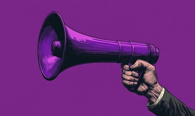 Hand holding a purple megaphone, symbolizing marketing, sales, and promotional announcements. The bold design emphasizes communication, advertising, and the importance, Generative AI
