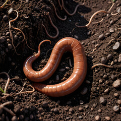 Curled earthworm on moist soil macro nature image